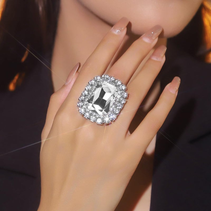 FUTIMELY Shiny Rhinestone Ring for Women Bohemian Thick Big Elliptical Geometry Ring Adjustable Crystal Band Ring Wedding Party Prom Ring for Women (White1) - Image 1